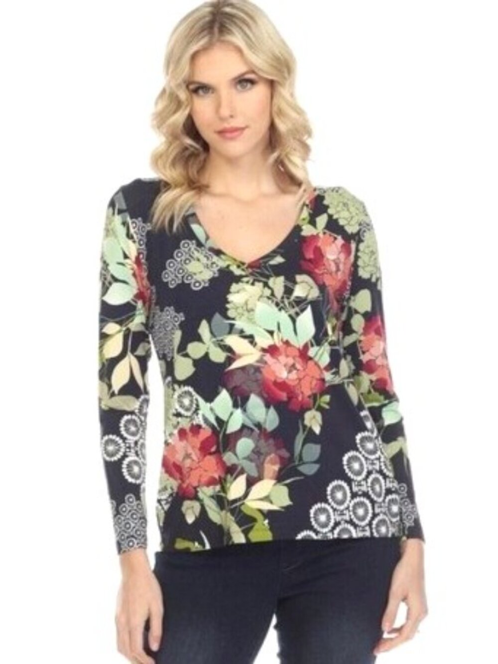 Johnny Was Sierra Favorite Boho Long Sleeve Floral V-Neck Top Size XL